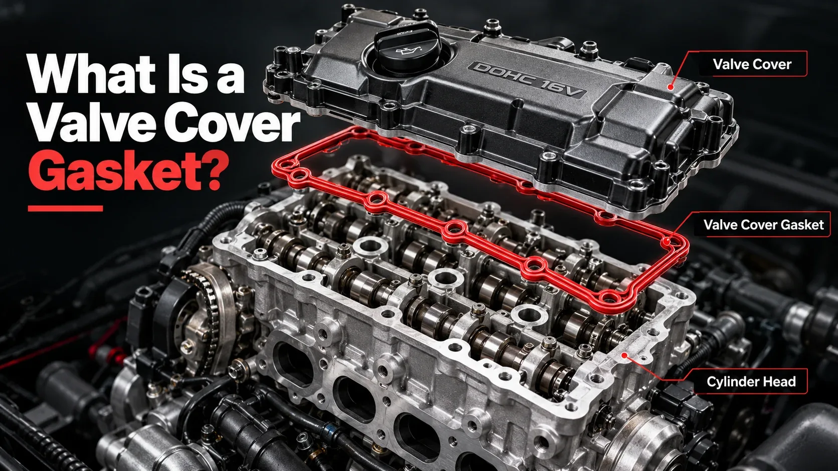 Diagram identifying the valve cover, gasket and cylinder head