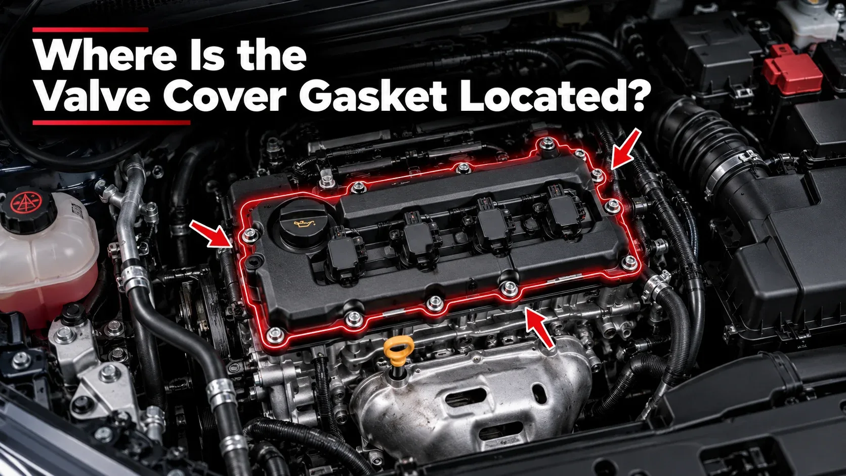 Red highlighted valve cover perimeter showing the gasket location