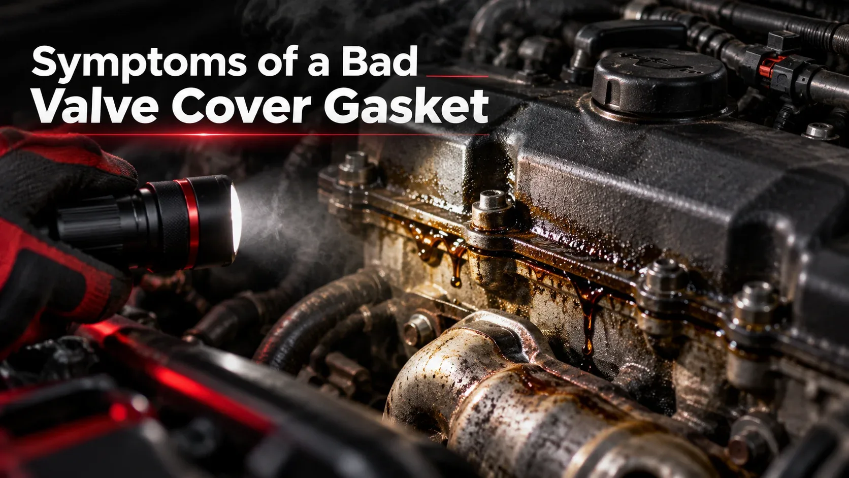 Oily valve cover seam illuminated by a flashlight