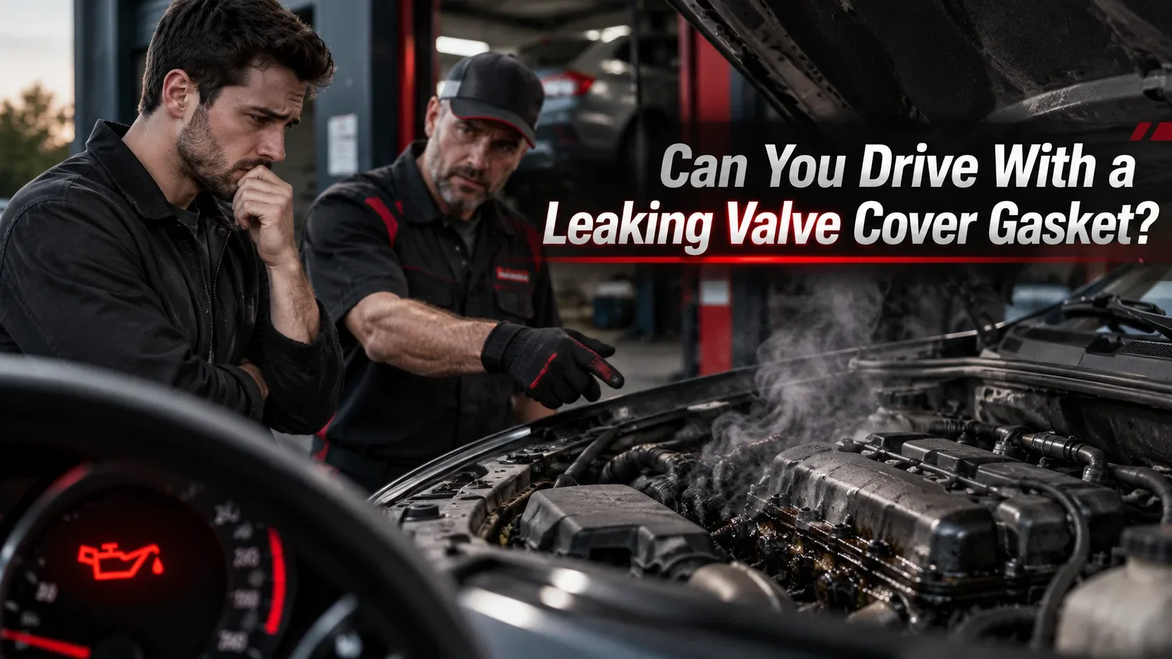 Mechanic discussing oil leak safety with a concerned driver