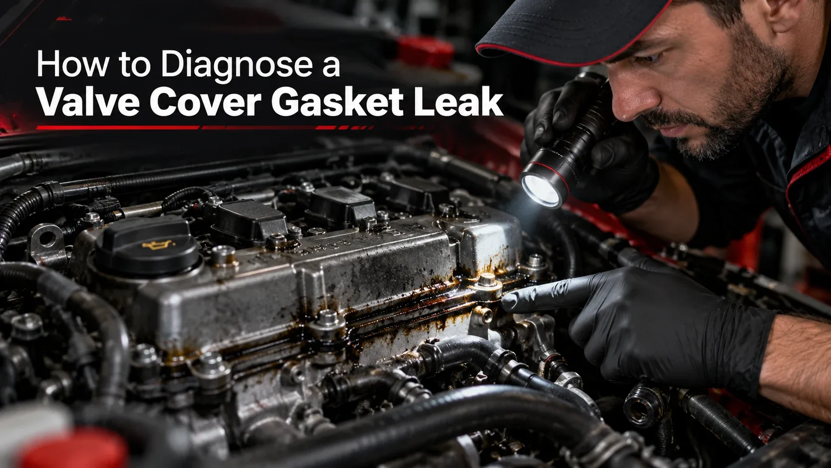 Mechanic inspecting a valve cover oil leak using a flashlight