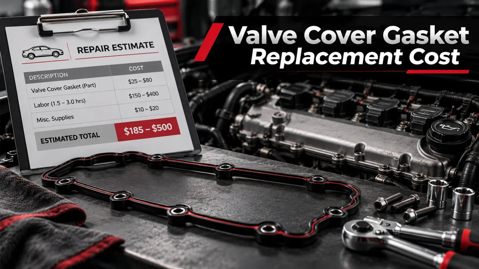 Valve cover gasket and repair estimate on a mechanic workbench