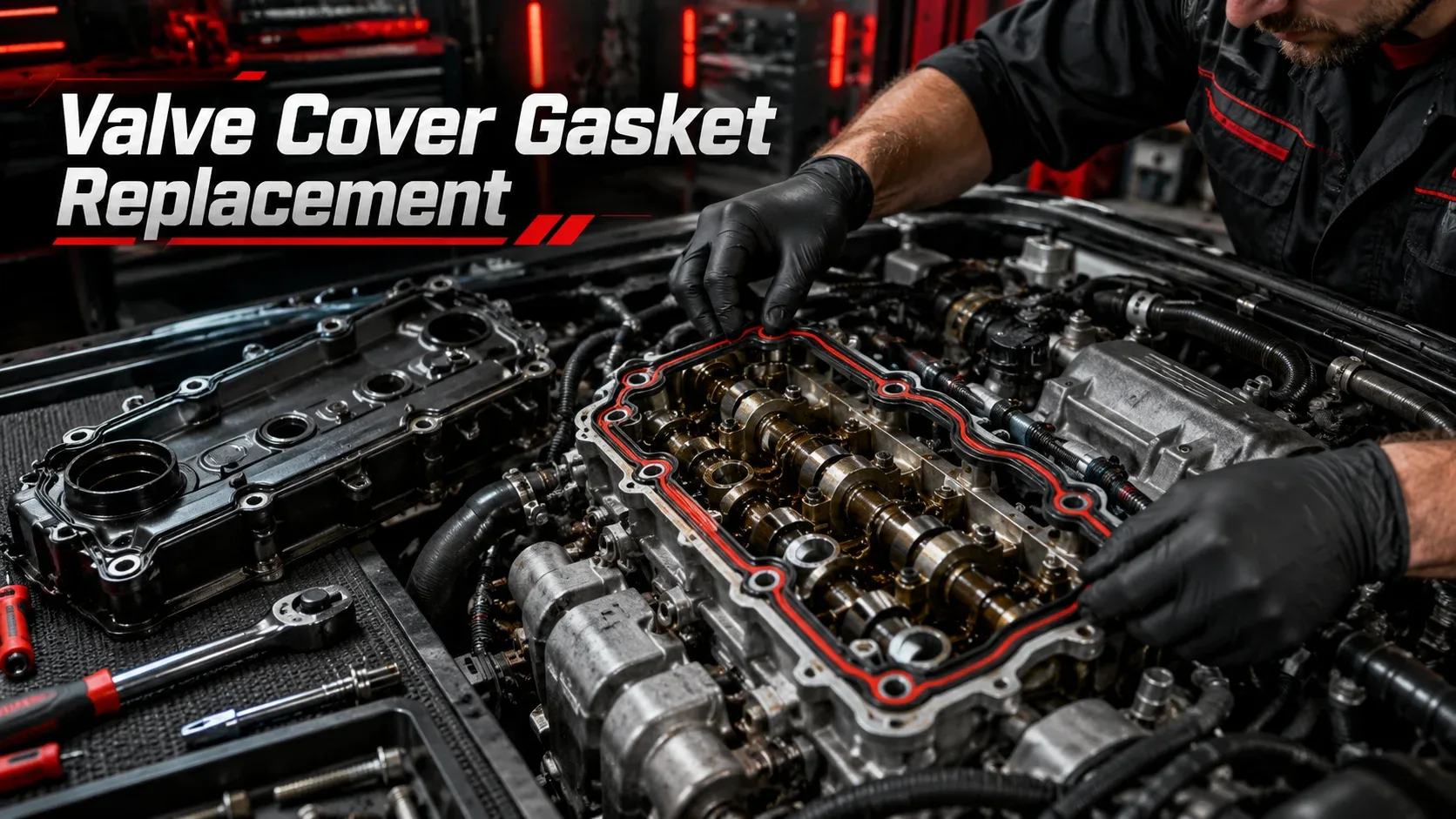 Mechanic positioning new valve cover gasket during replacement
