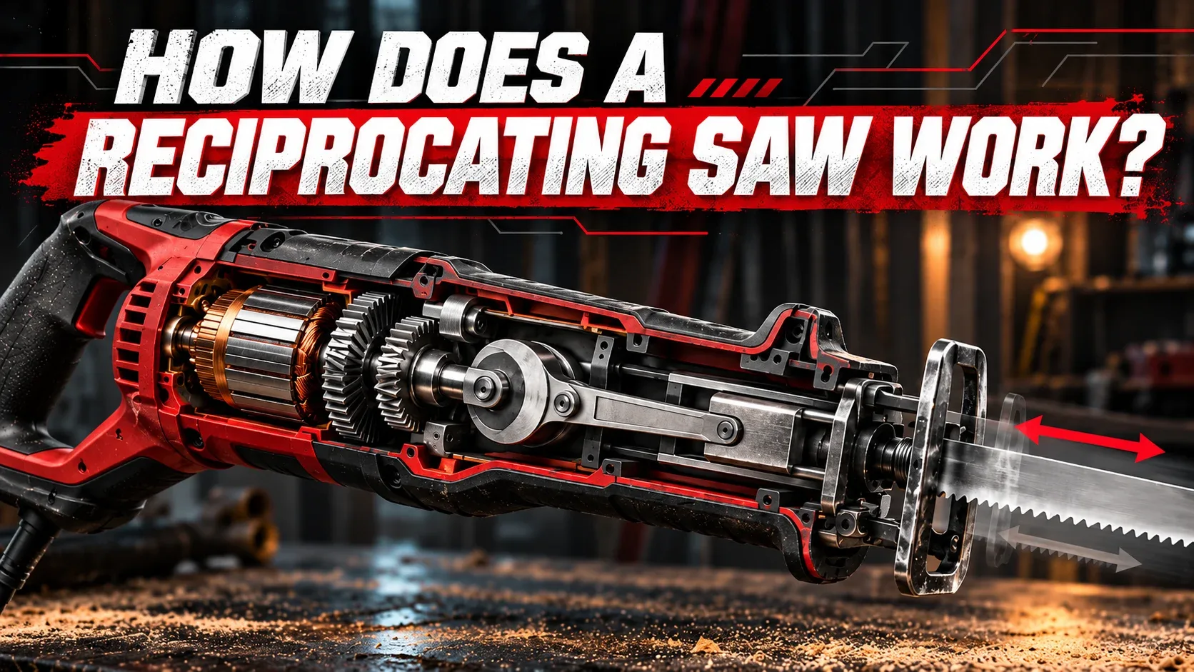 How a reciprocating saw works: motor, gears and reciprocating blade mechanism