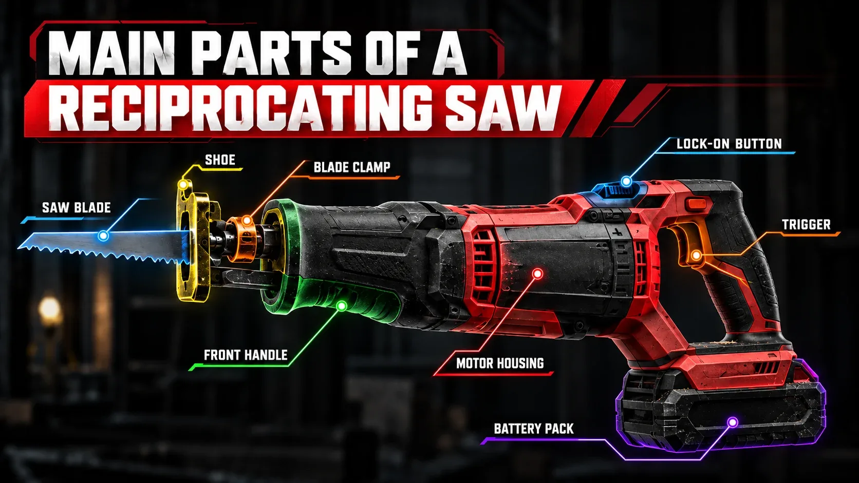 Main parts of a reciprocating saw with labeled components
