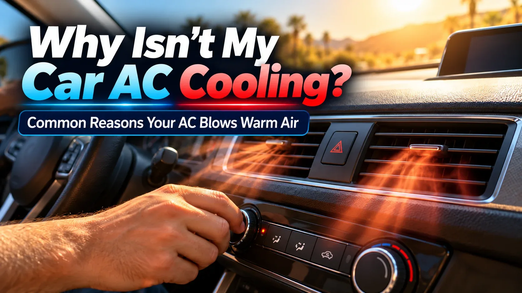 Dashboard vents blowing warm air while driver adjusts AC controls