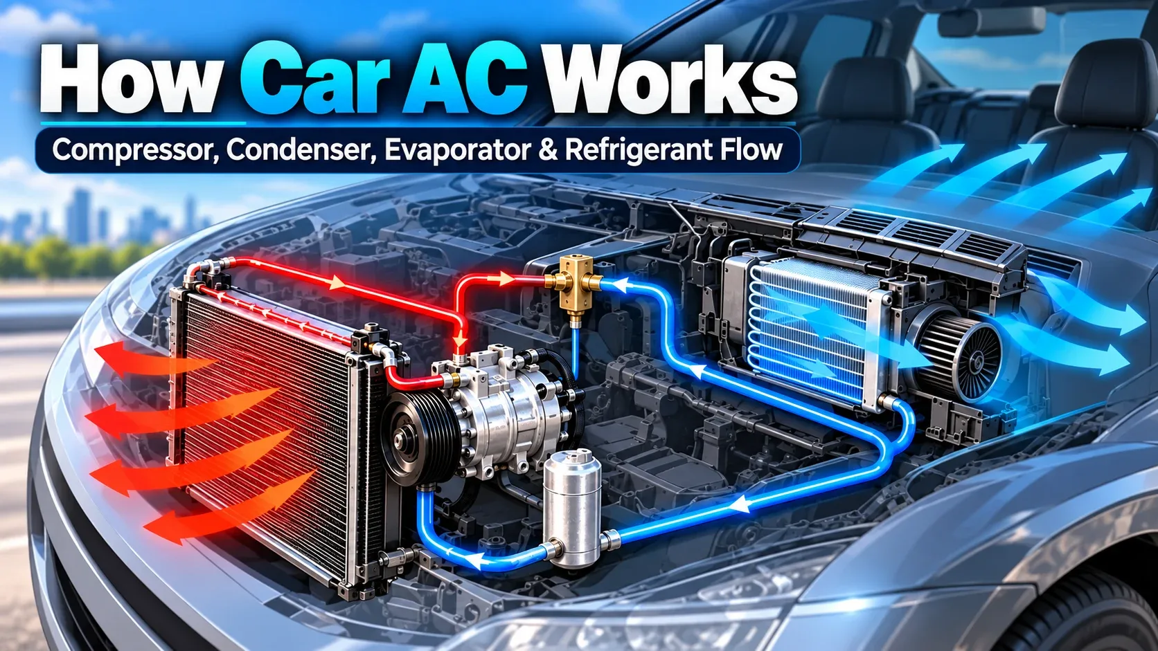 Illustration of car AC compressor condenser evaporator and refrigerant flow
