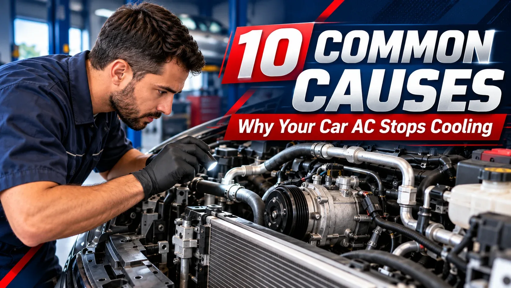 Mechanic inspecting car air conditioner compressor and refrigerant lines for common faults