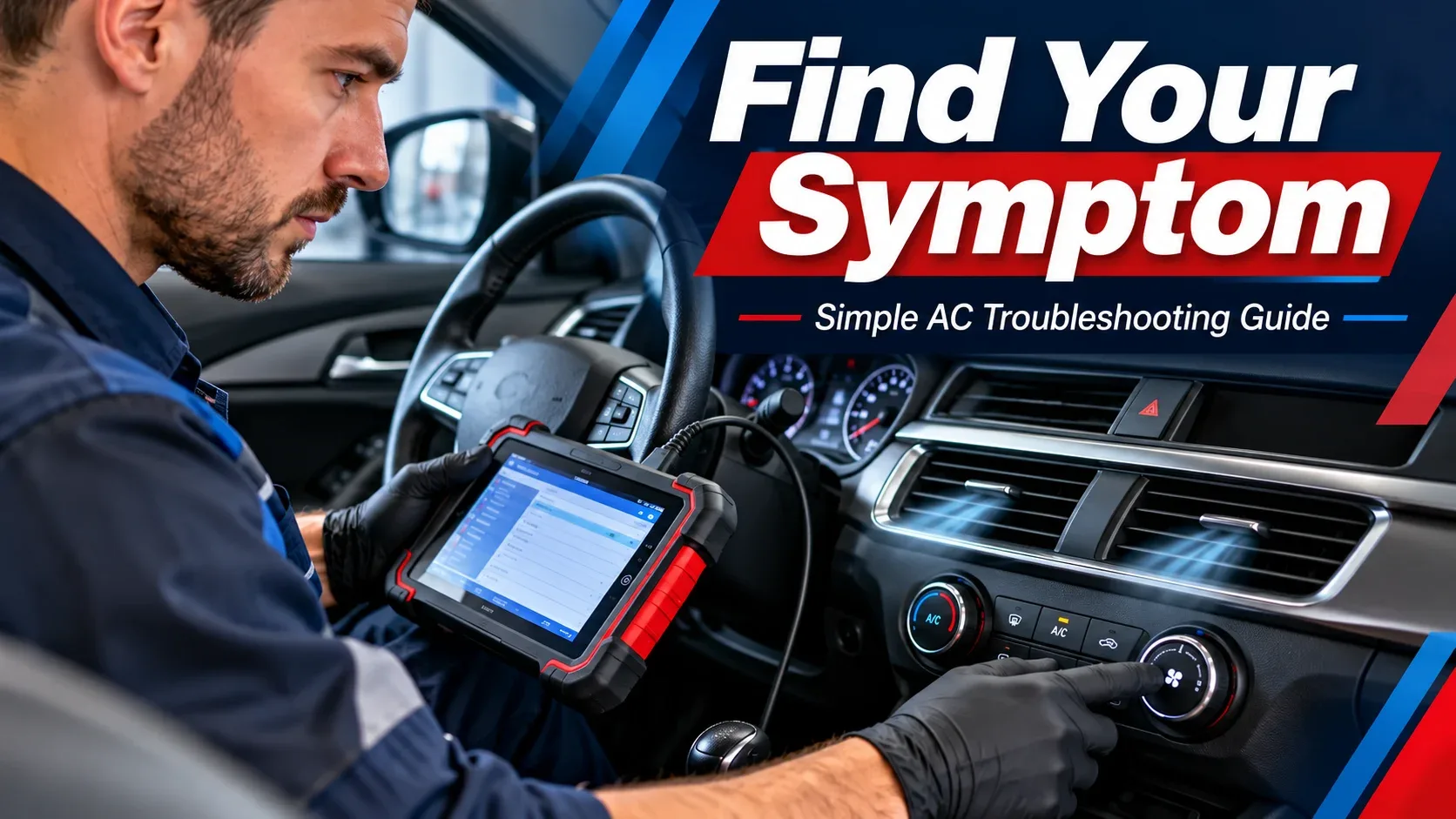 Technician using diagnostic scanner and climate controls to investigate AC symptoms