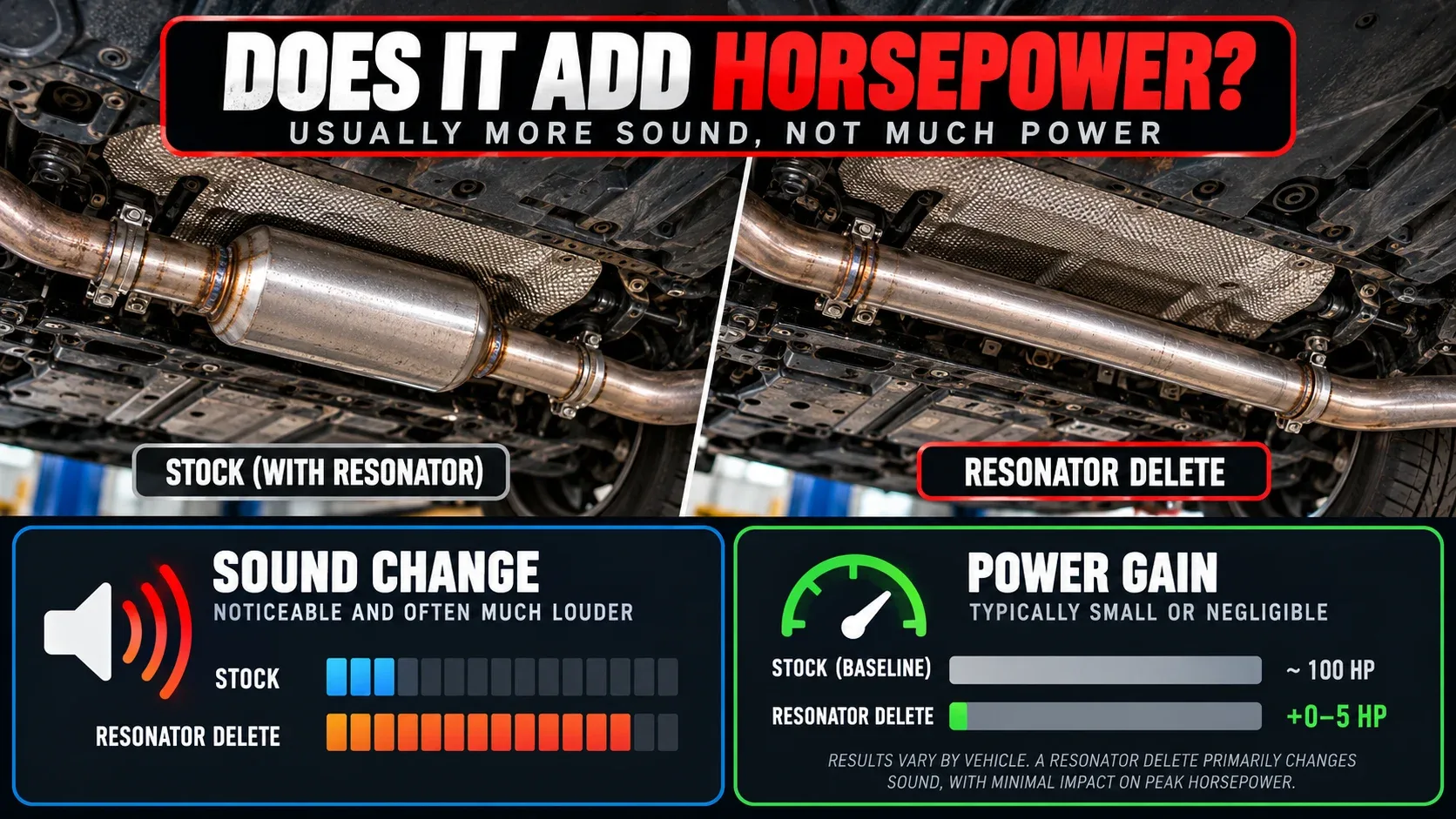 Resonator delete horsepower comparison showing noticeable sound change but minimal power gain