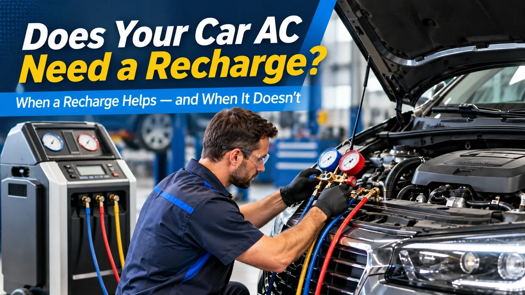 Professional technician assessing whether a vehicle AC needs refrigerant recharge
