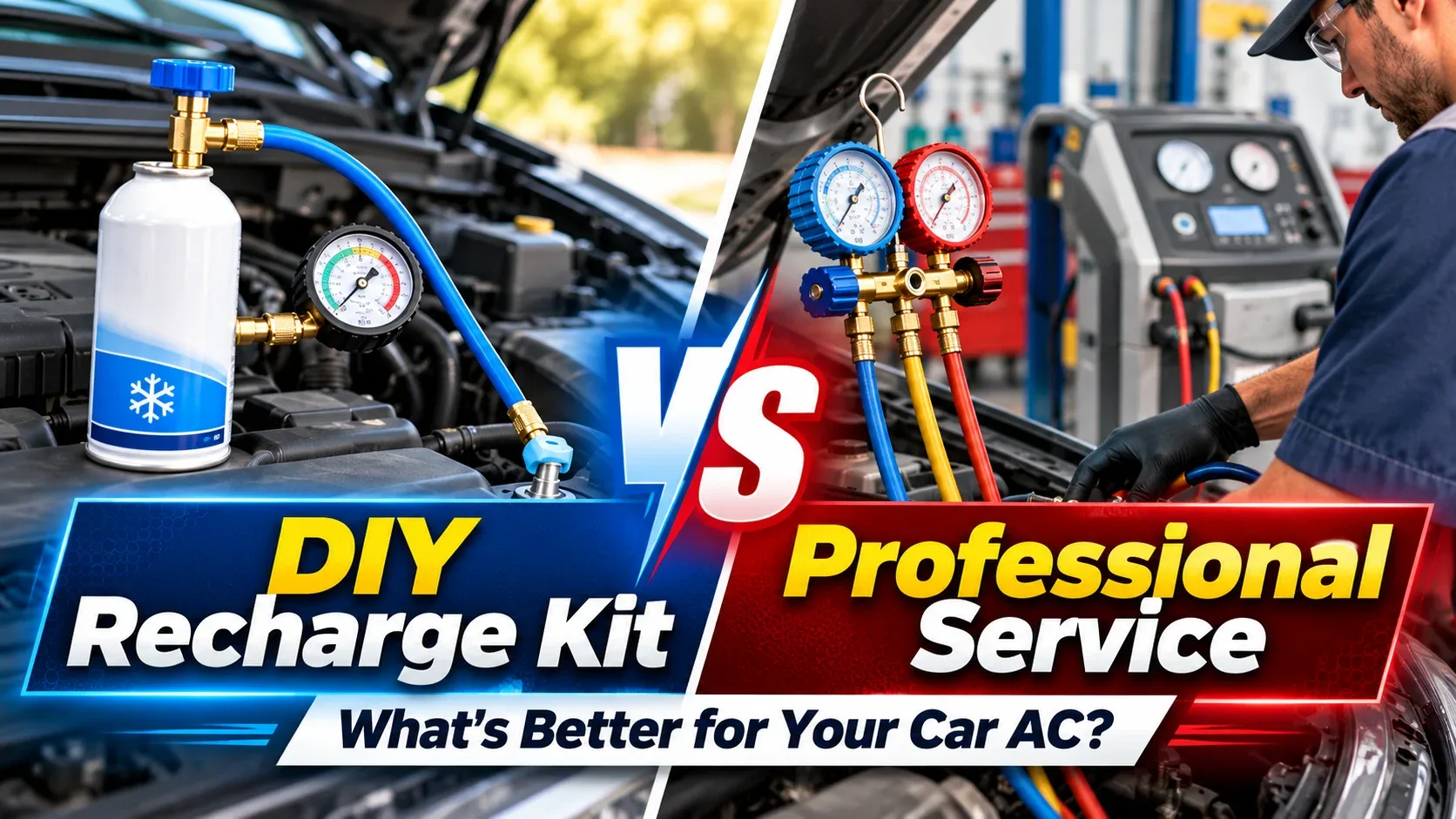 DIY car AC recharge canister compared with professional refrigerant servicing equipment
