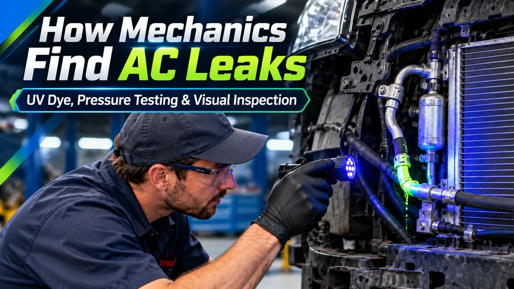 Mechanic using UV dye inspection light to locate a leak in automotive AC lines