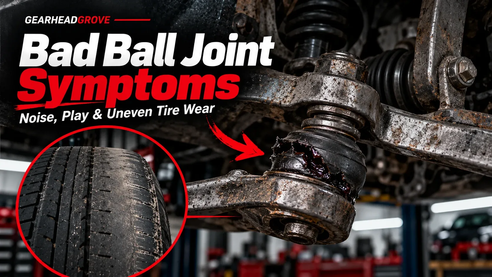 Bad ball joint symptoms including torn dust boot and uneven tire wear