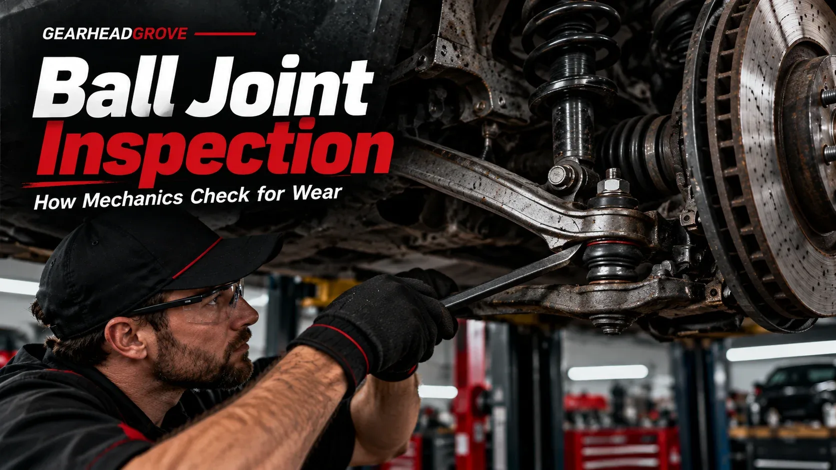 Mechanic inspecting car ball joint for excessive wear