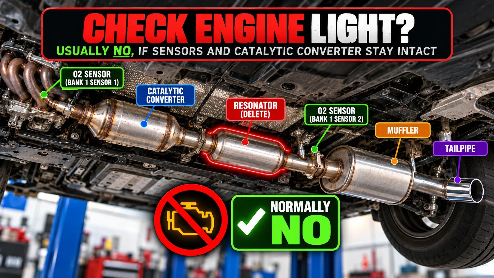 Resonator delete check engine light guide showing catalytic converter oxygen sensors and resonator location