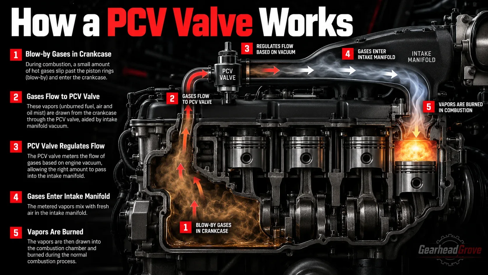 How a PCV valve works: blow-by gas flow from crankcase to intake manifold