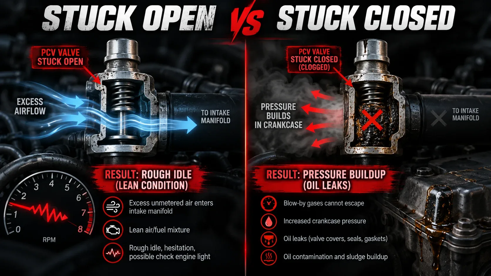 PCV valve stuck open versus stuck closed: differences in airflow and crankcase pressure