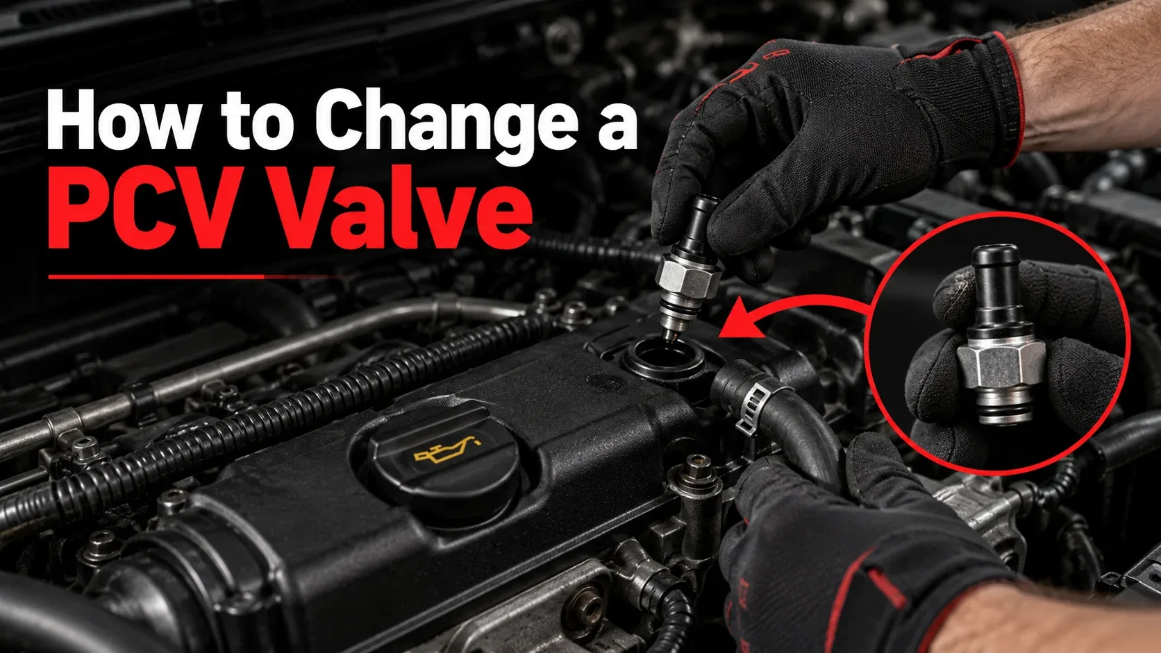 How to change a PCV valve with a gloved mechanic removing the part