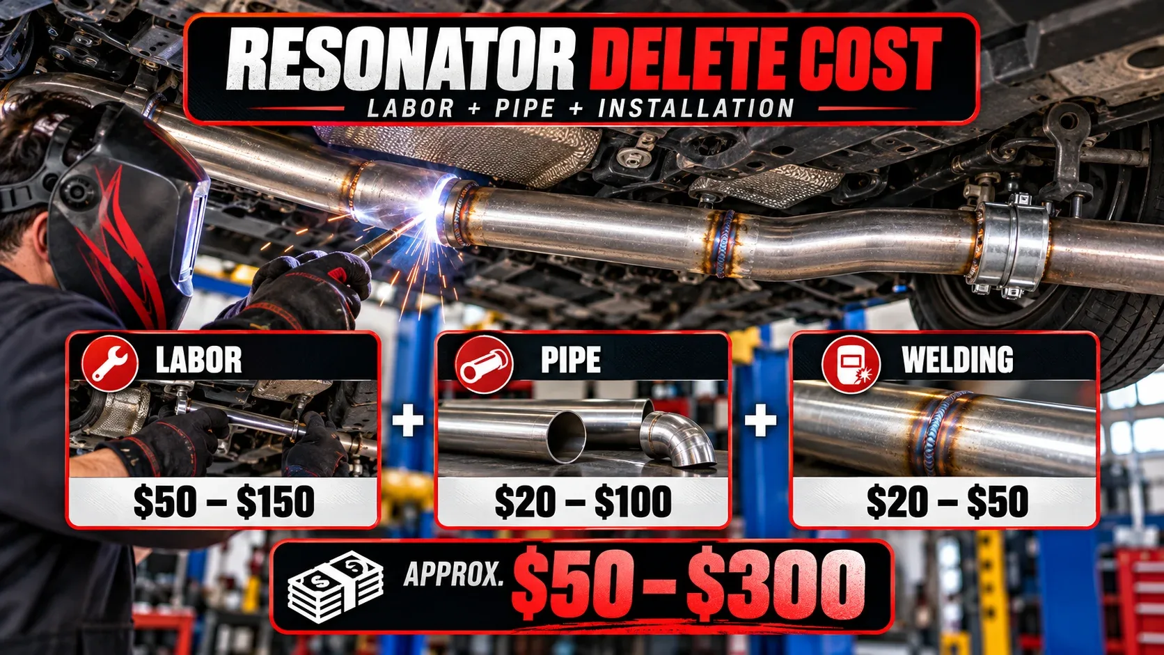 Resonator delete cost breakdown showing labor pipe and welding costs
