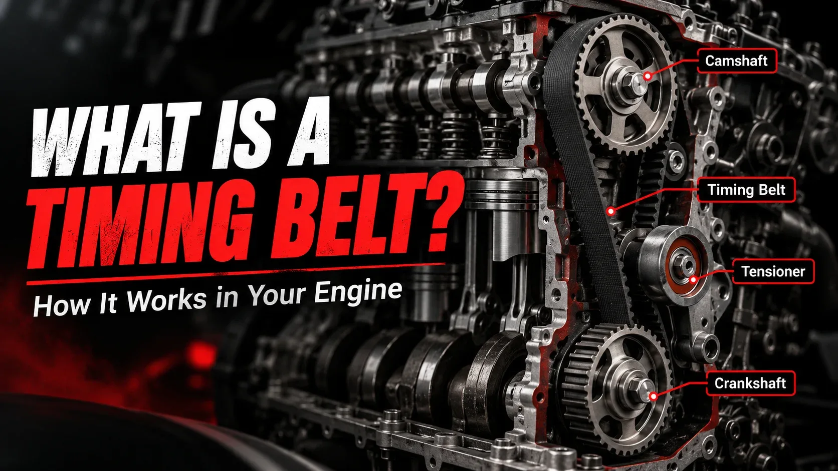 Engine timing belt diagram illustrating camshaft, crankshaft and tensioner