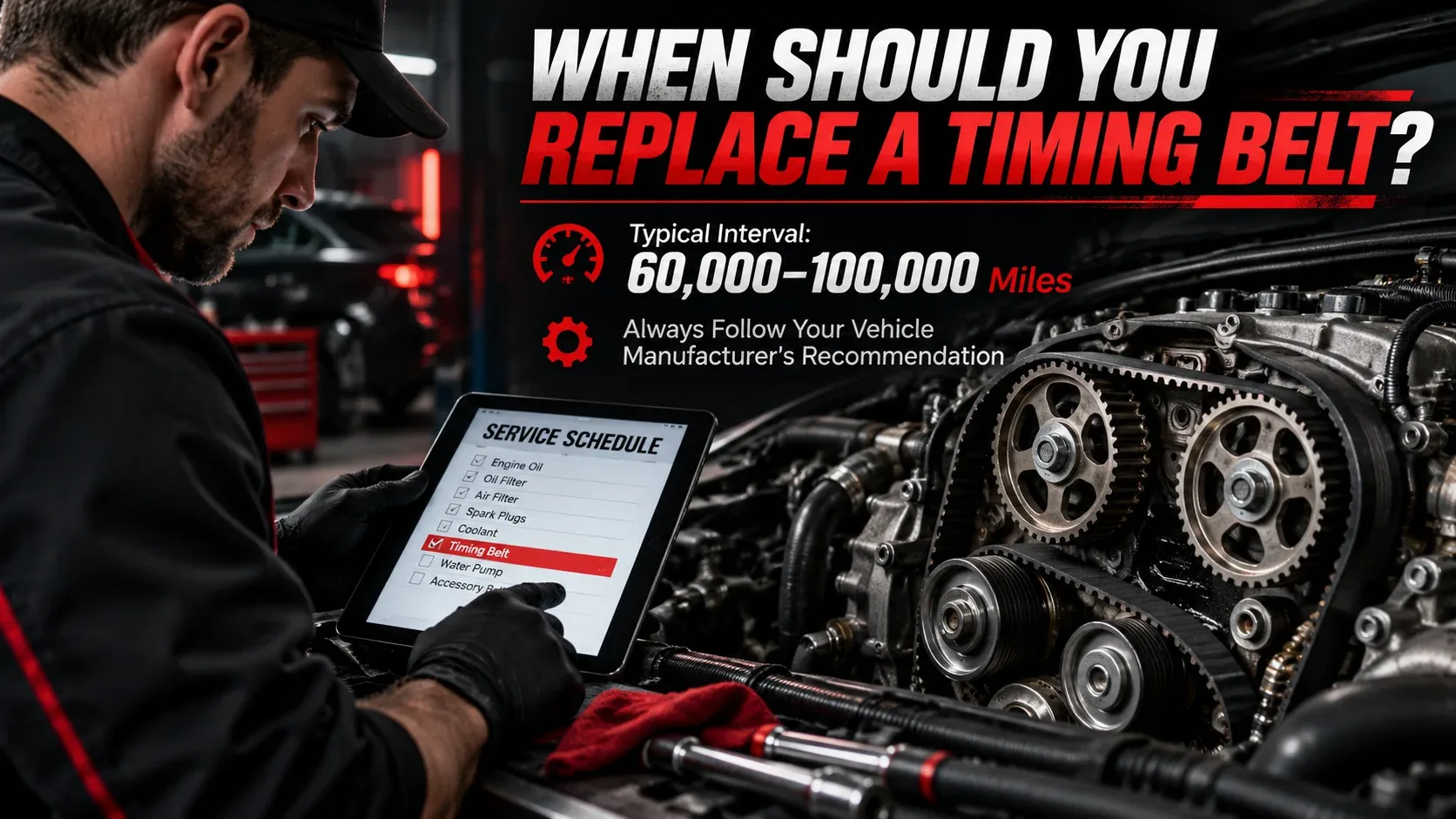 Timing belt replacement service intervals and mechanic inspecting the schedule
