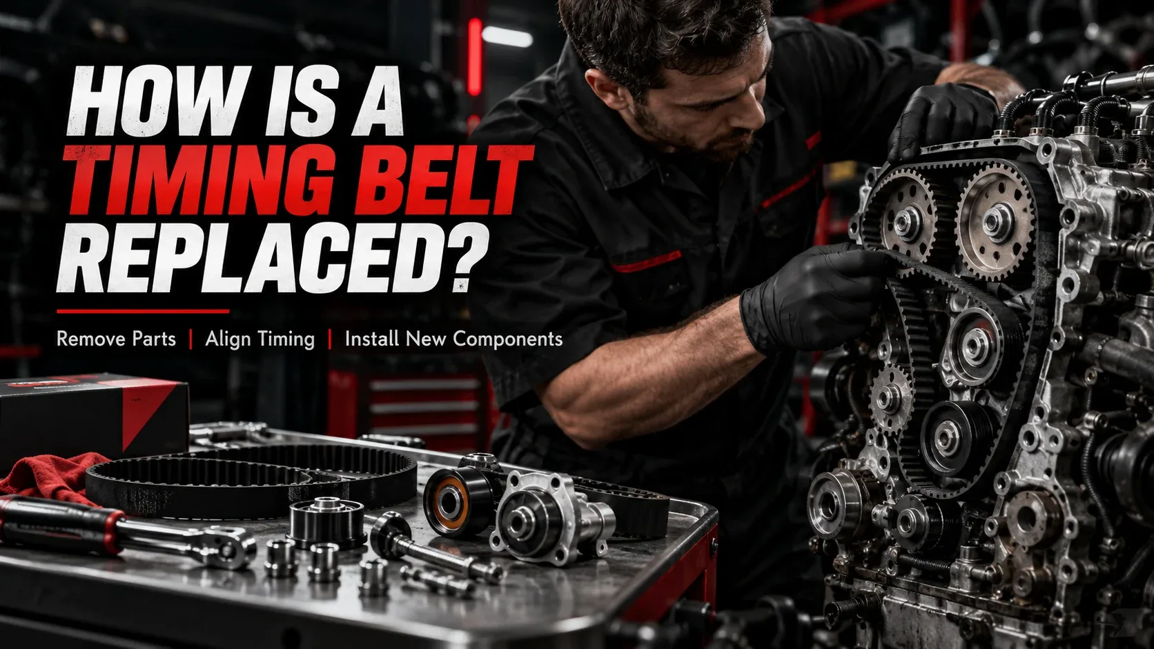 Mechanic performing professional timing belt replacement