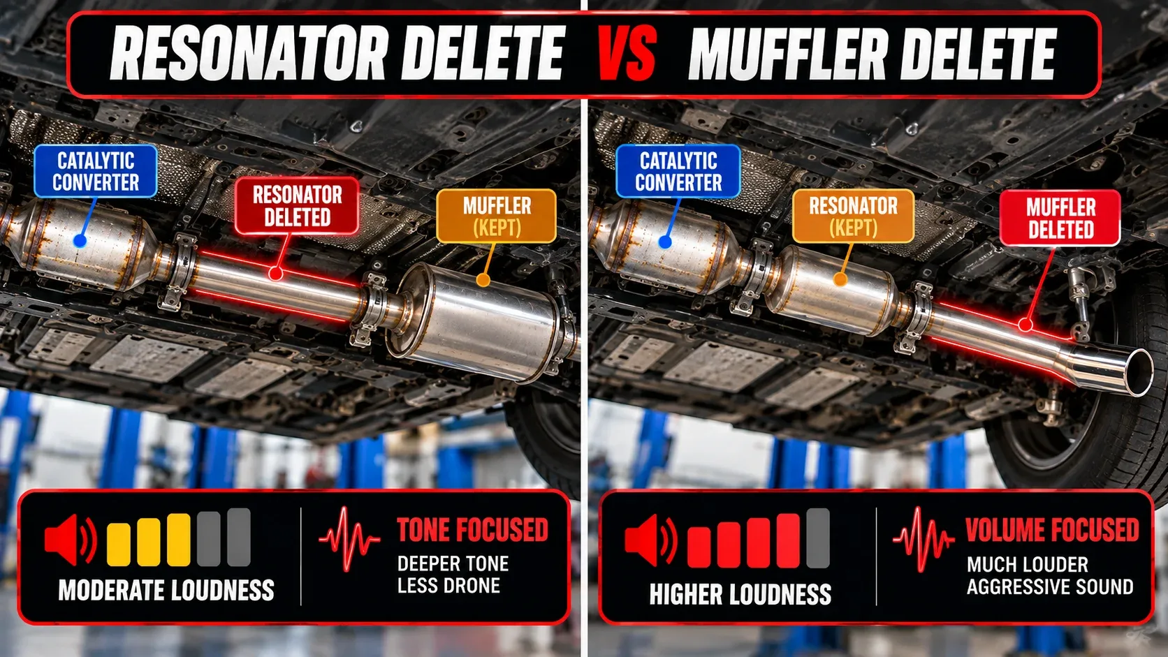 Resonator delete vs muffler delete comparison showing differences in tone and loudness