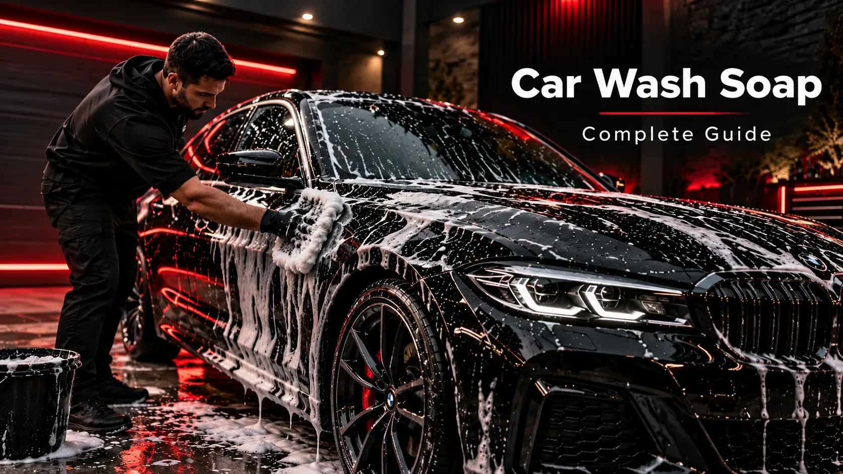 Car wash soap complete guide showing a black car being washed with foam