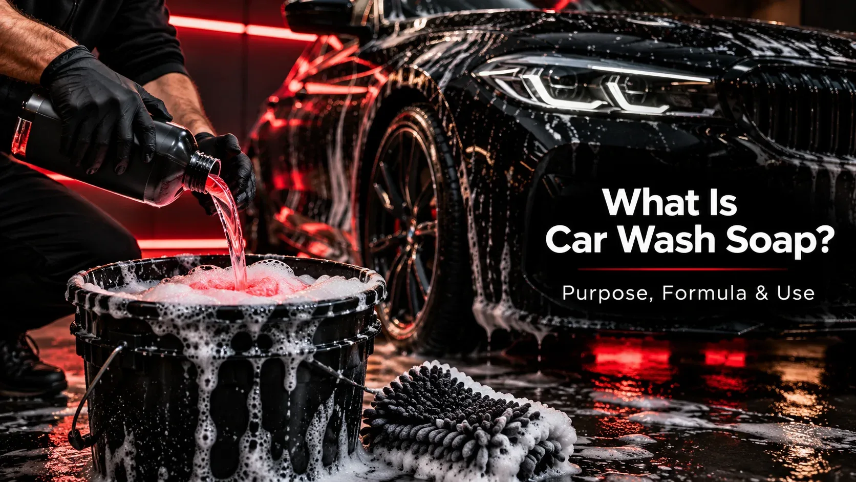 Car wash shampoo being poured into a foamy bucket with microfiber wash mitt