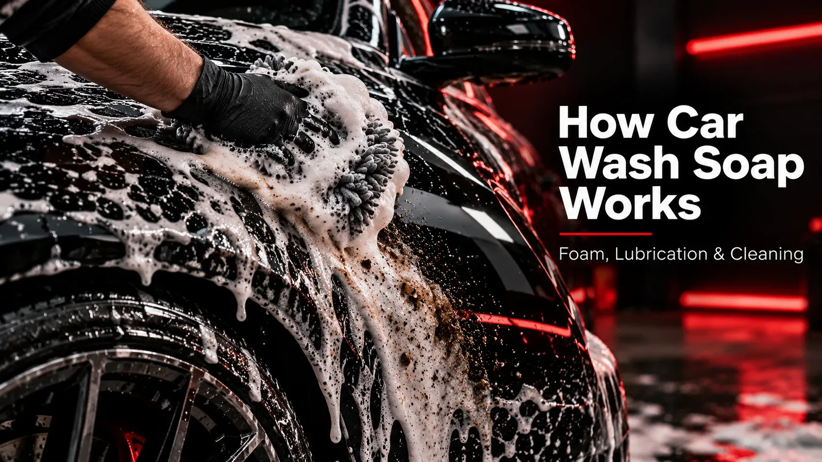 Microfiber wash mitt and soap foam loosening road dirt from black automotive paint
