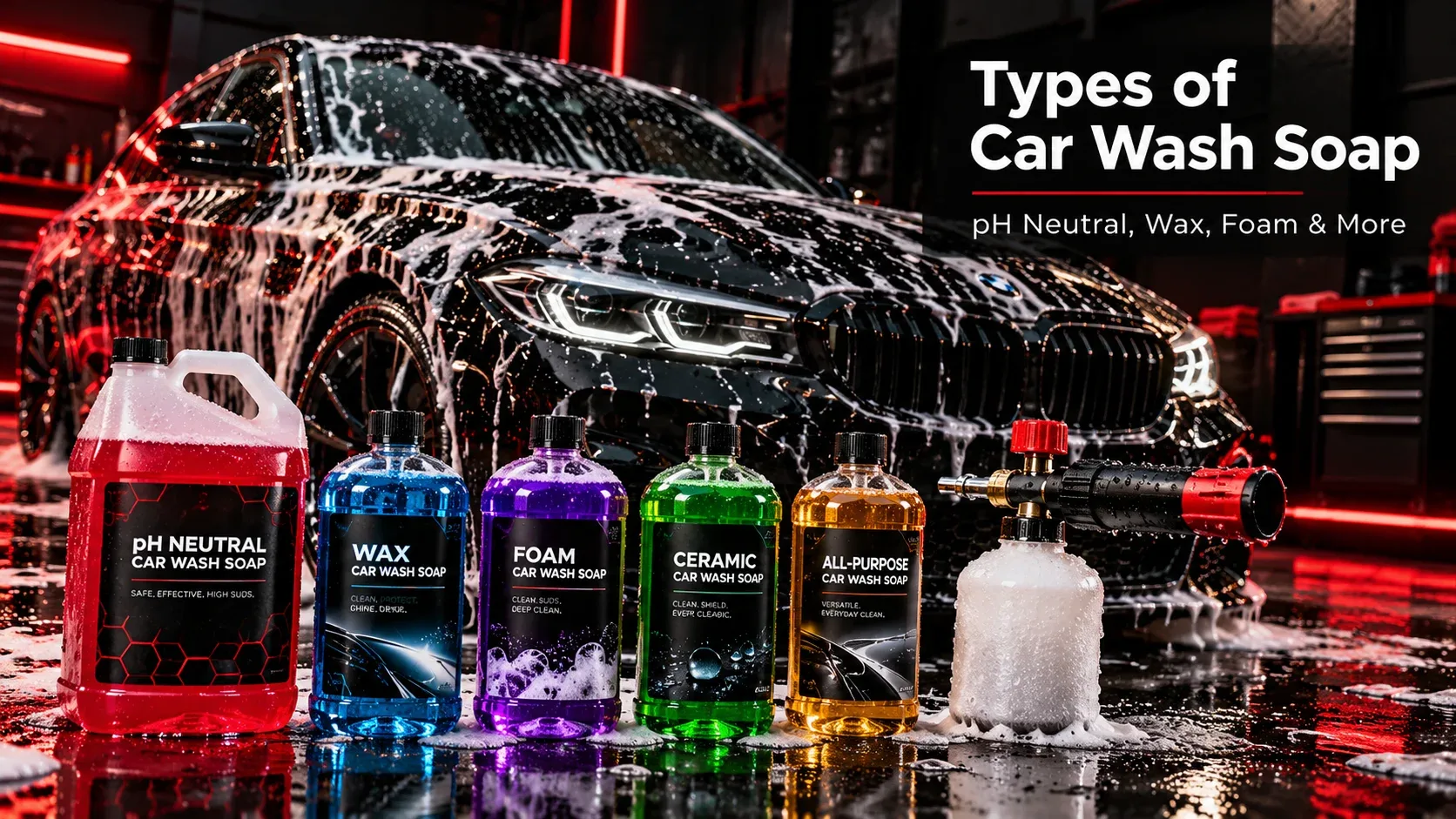 Different types of car wash shampoo including pH-neutral, wax, foam and ceramic maintenance soap