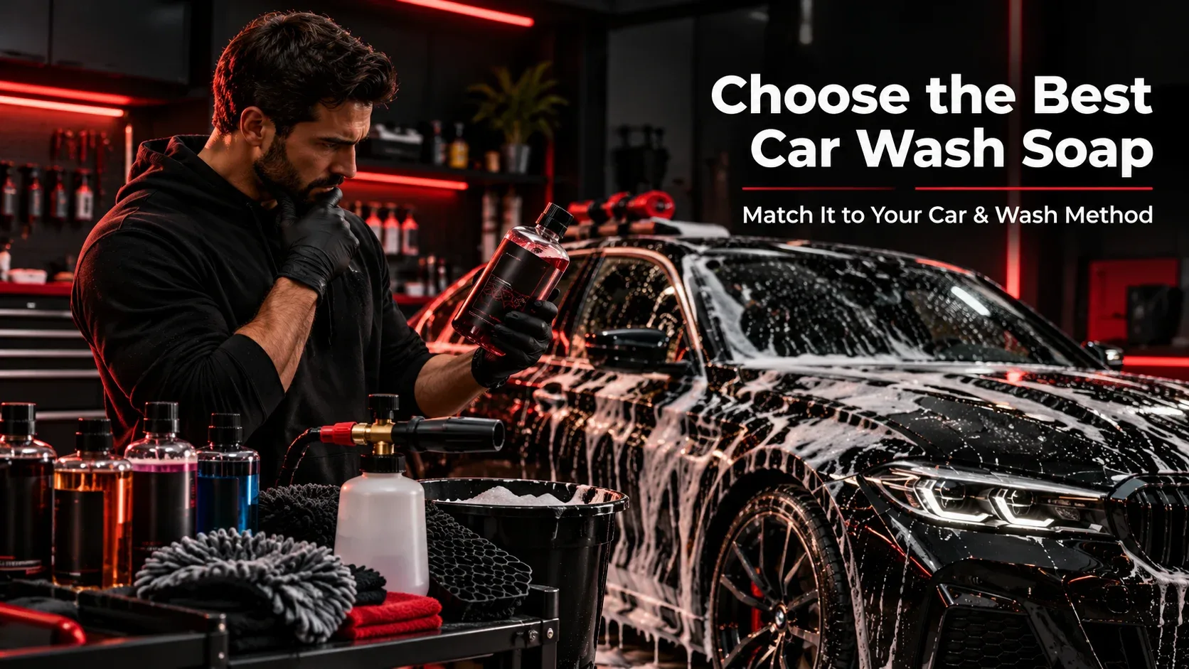 Car detailing enthusiast choosing an automotive shampoo bottle beside a wash bucket and foam cannon