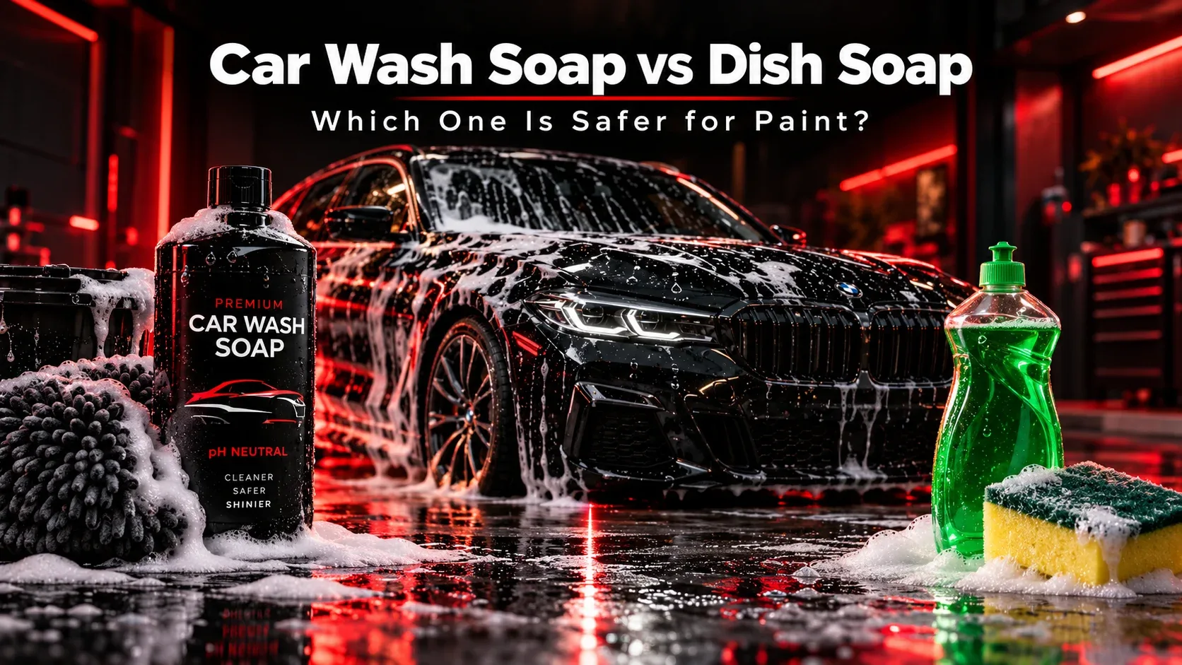 Car wash soap versus dish soap bottles compared with car wash mitt and kitchen sponge
