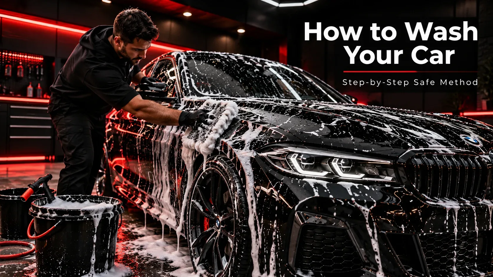 Detailer washing black car safely using a microfiber mitt and car wash soap