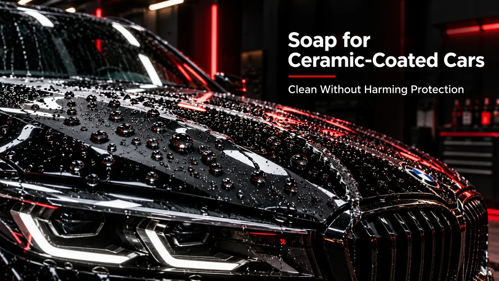 Water beading on black ceramic-coated car hood after maintenance washing