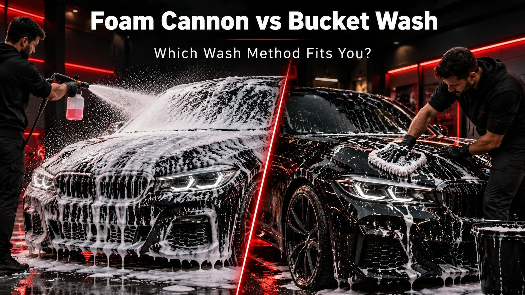 Foam cannon spraying a car compared with traditional microfiber bucket washing