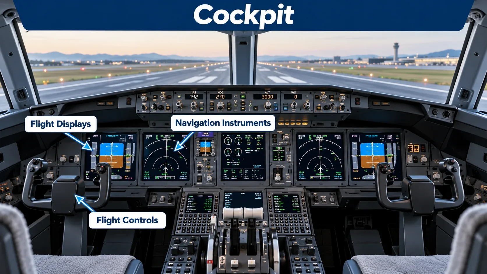 Modern commercial airplane cockpit
