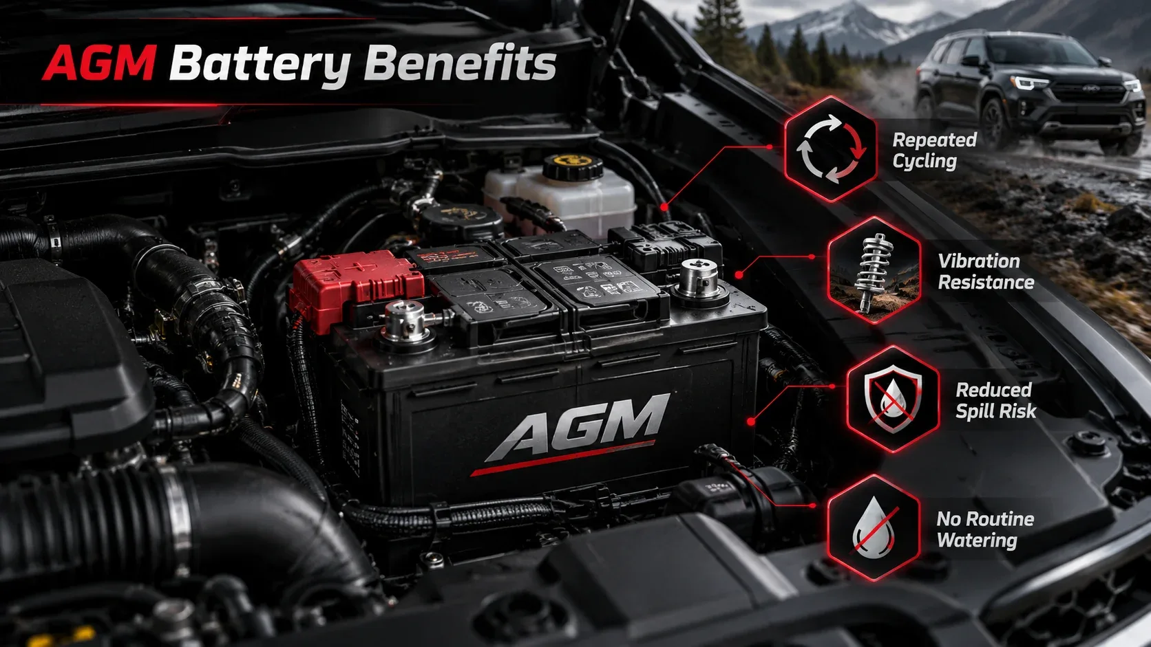 AGM battery benefits including cycling performance vibration resistance reduced spill risk and no routine watering