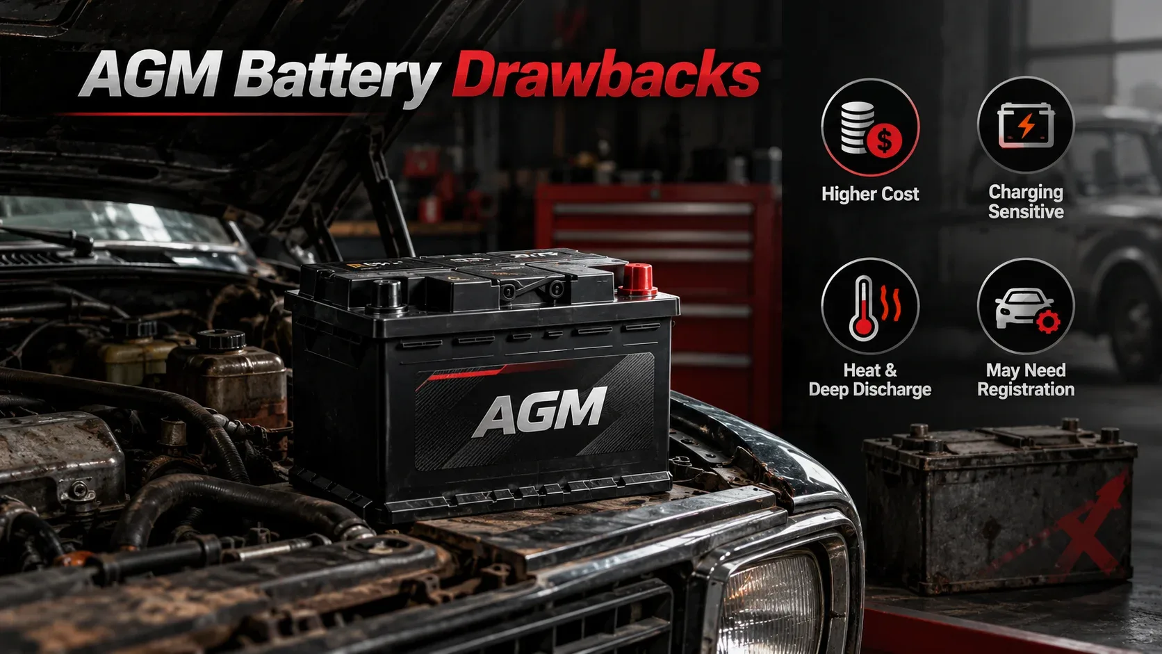 AGM battery disadvantages including higher cost charging sensitivity heat deep discharge and registration