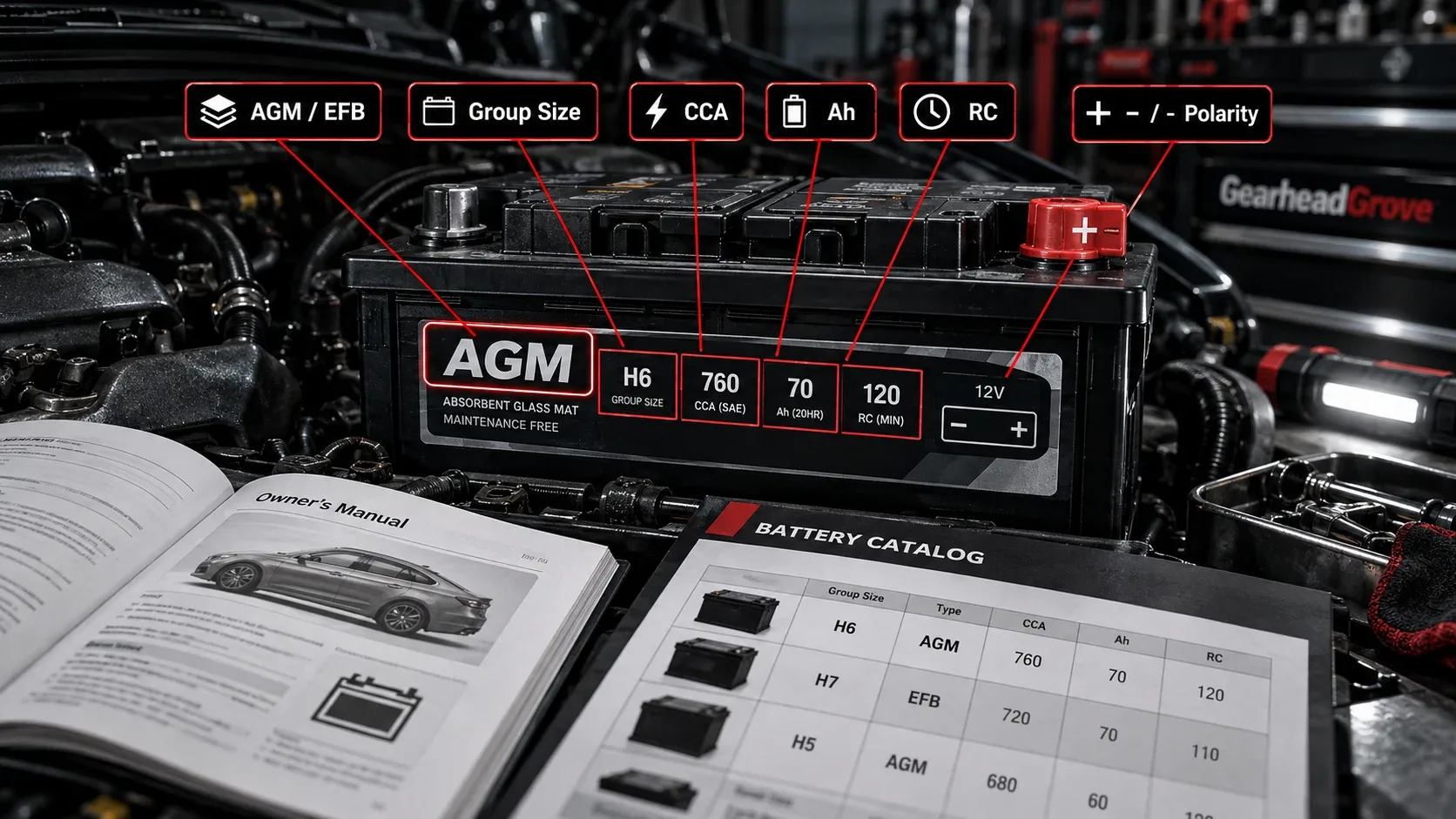 AGM battery identification label showing group size CCA amp hours reserve capacity and terminals