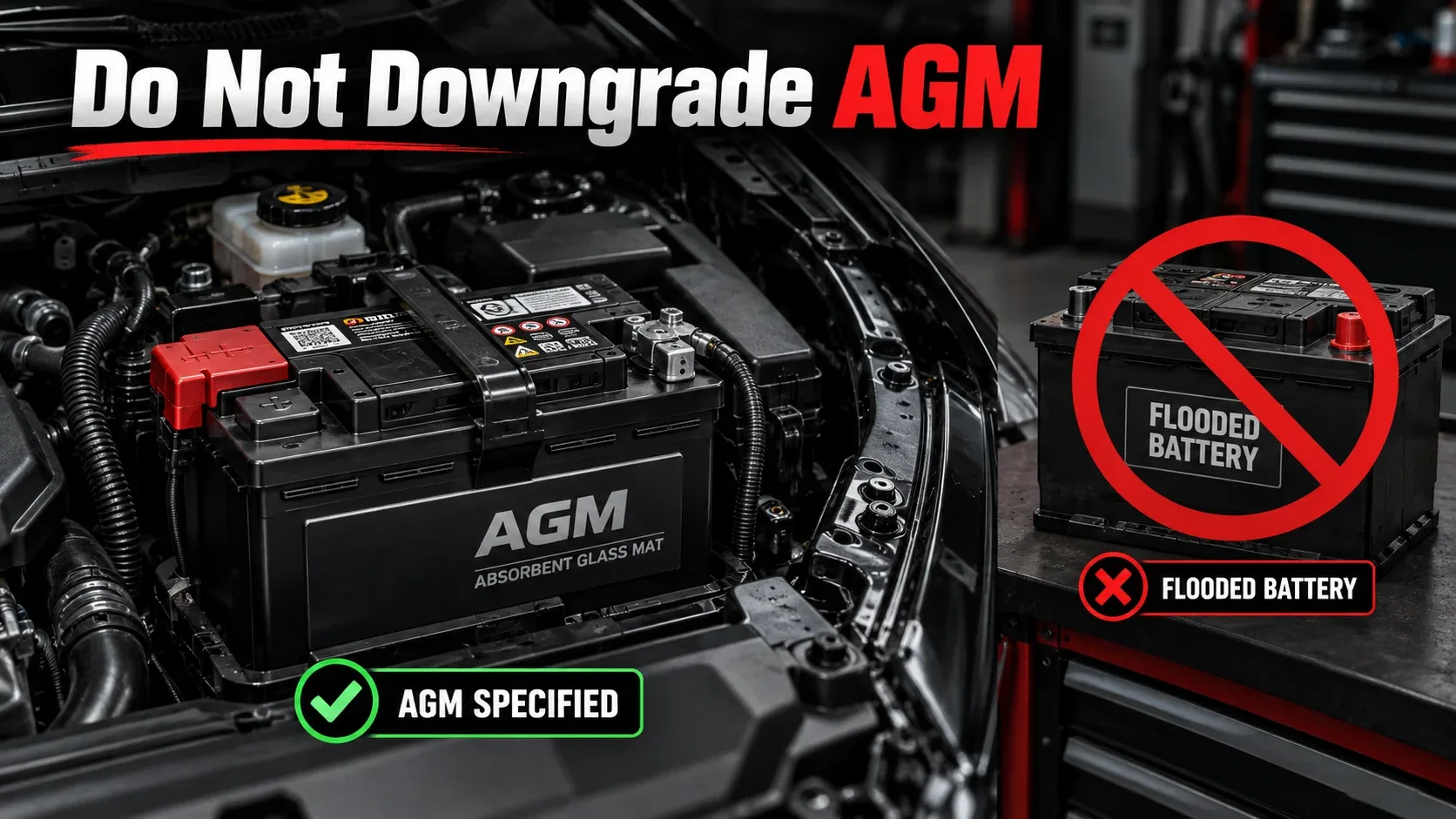 Do not downgrade from required AGM battery to incompatible conventional flooded battery