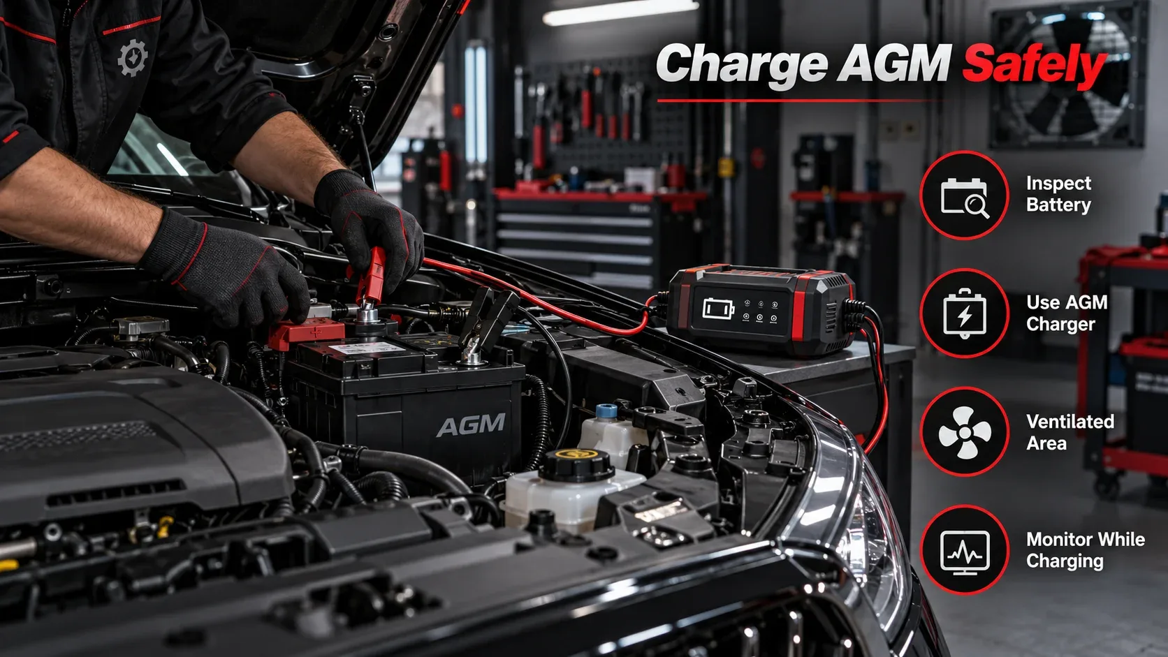 Mechanic using AGM-compatible smart charger to charge a car battery safely