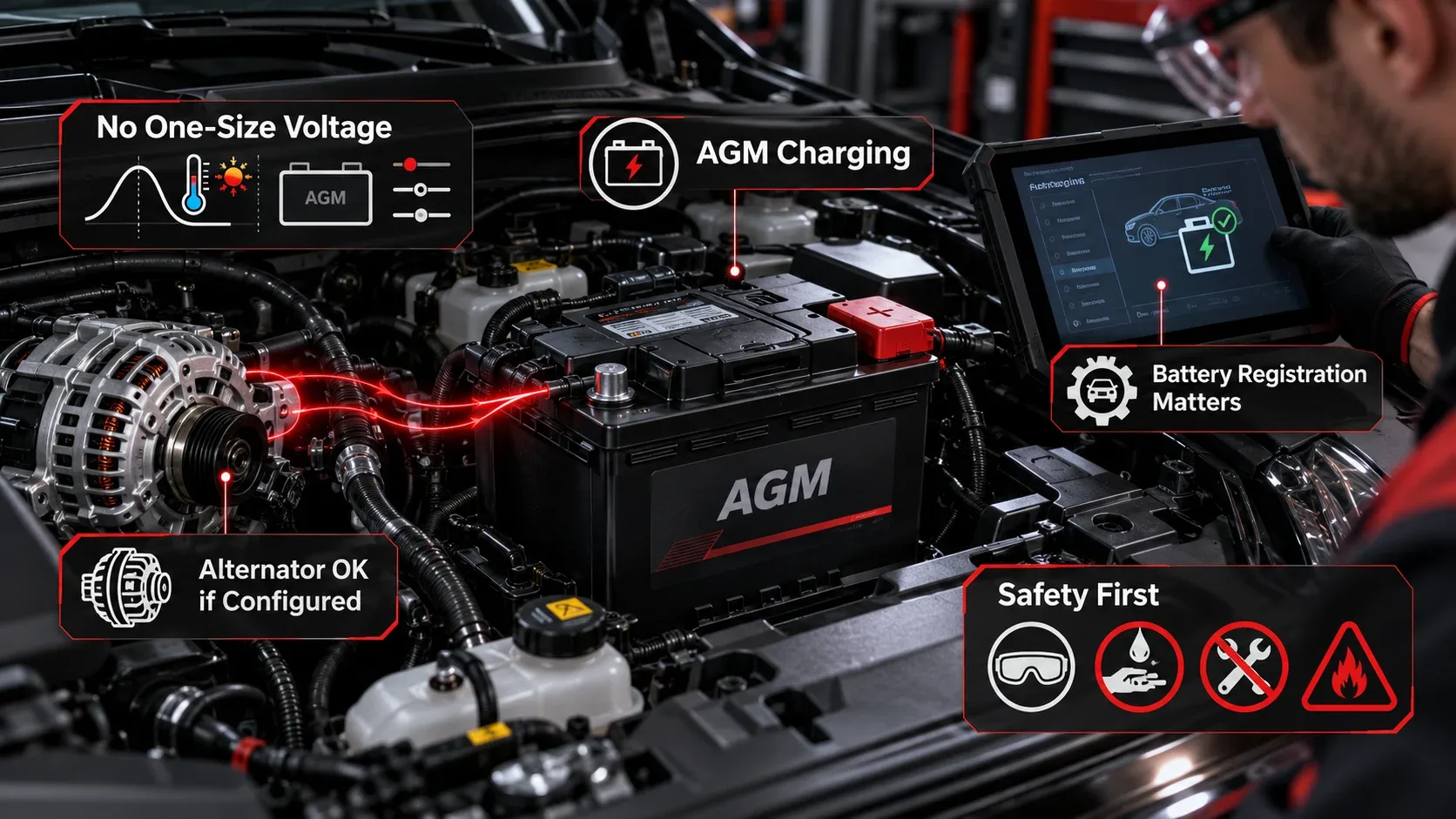AGM battery charging voltage alternator compatibility and battery registration infographic