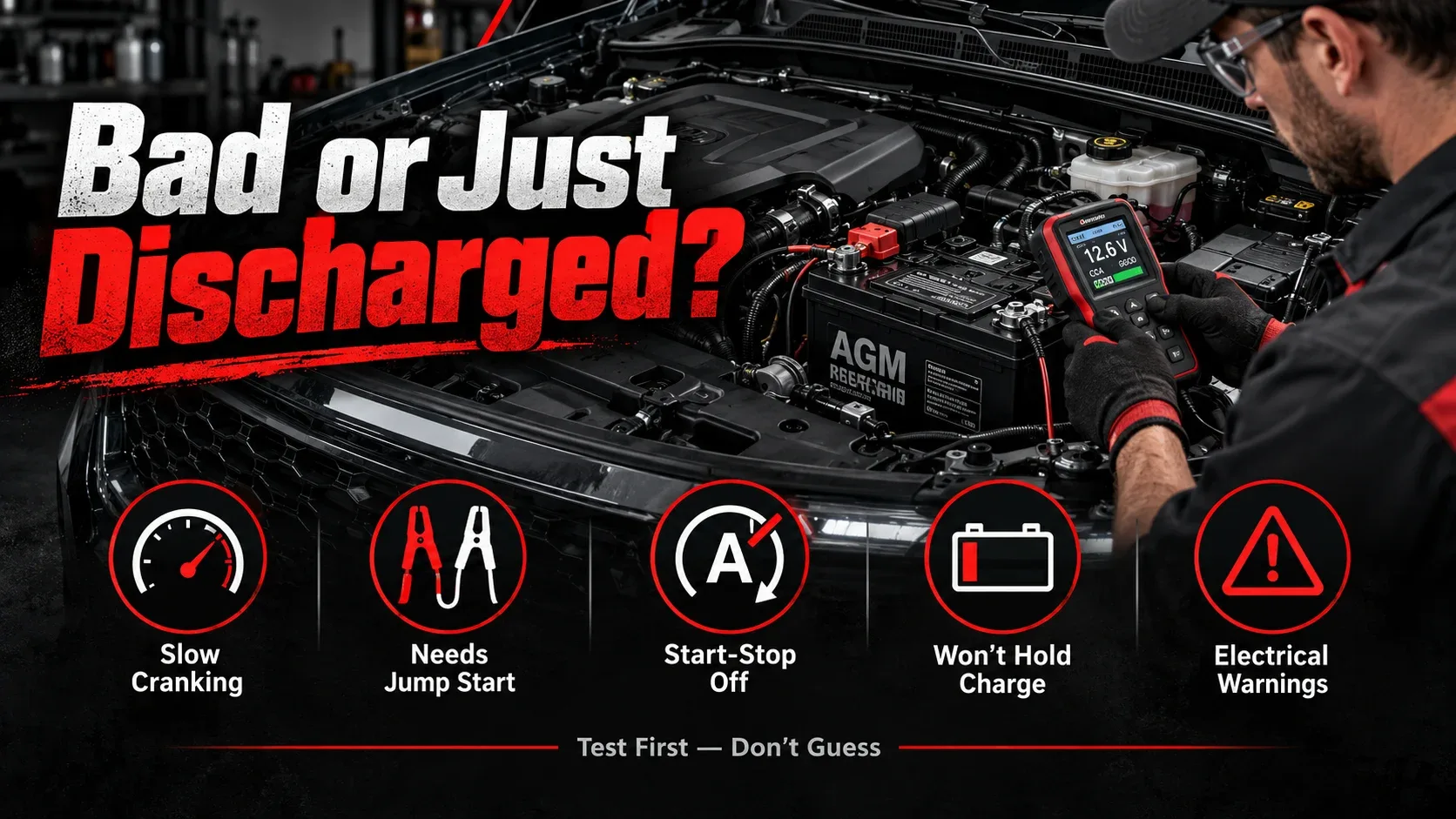 AGM battery warning signs including slow cranking jump starts and electrical warnings