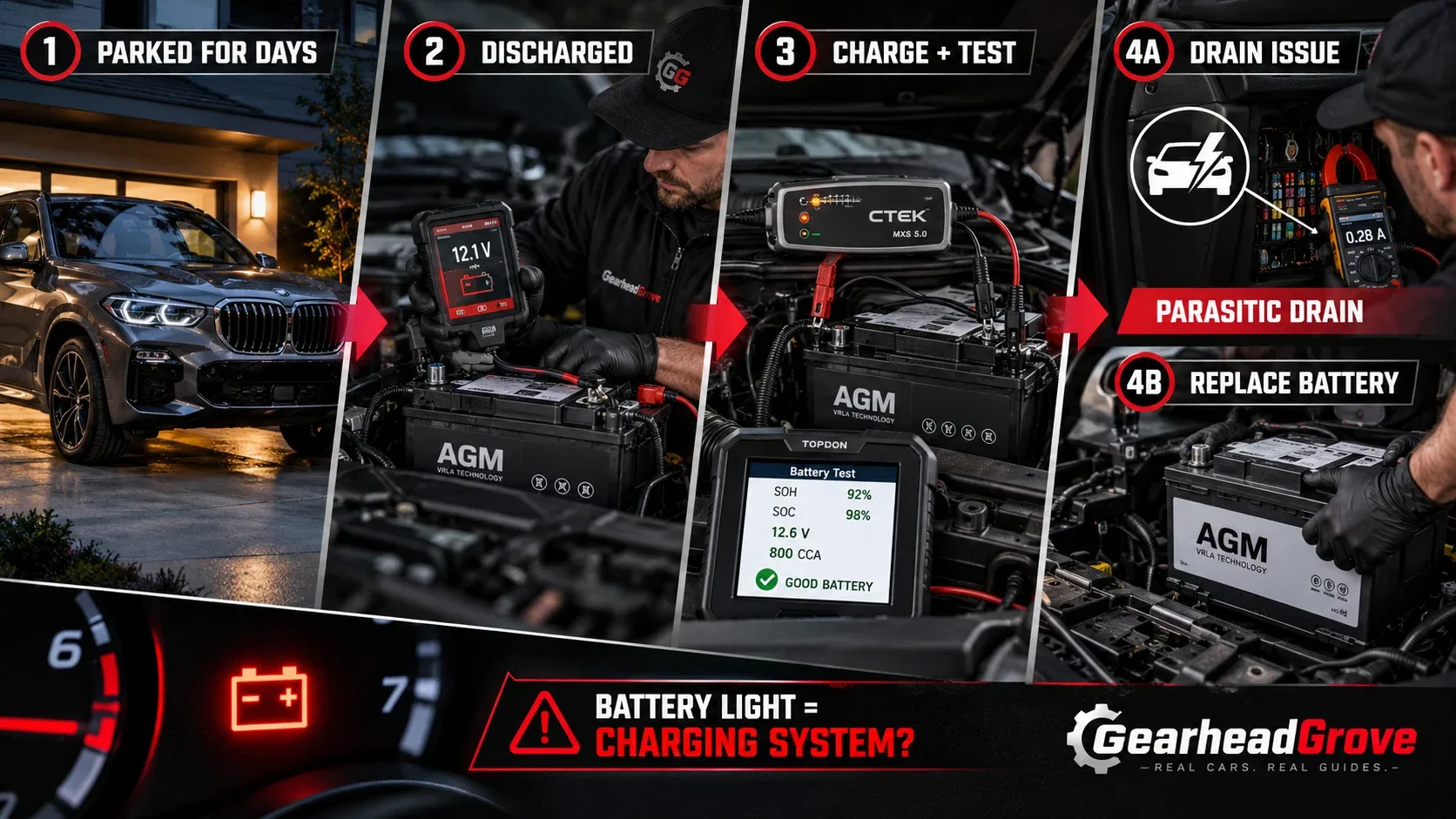AGM battery diagnostic workflow from parked SUV to charging testing and investigating parasitic drain