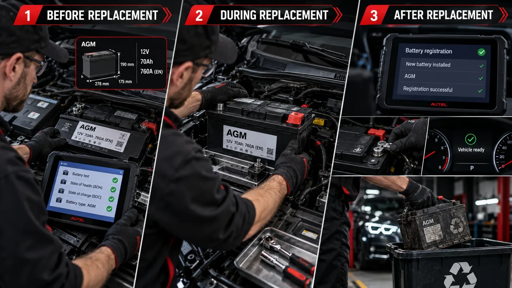 AGM car battery replacement stages before during and after installation including registration and recycling