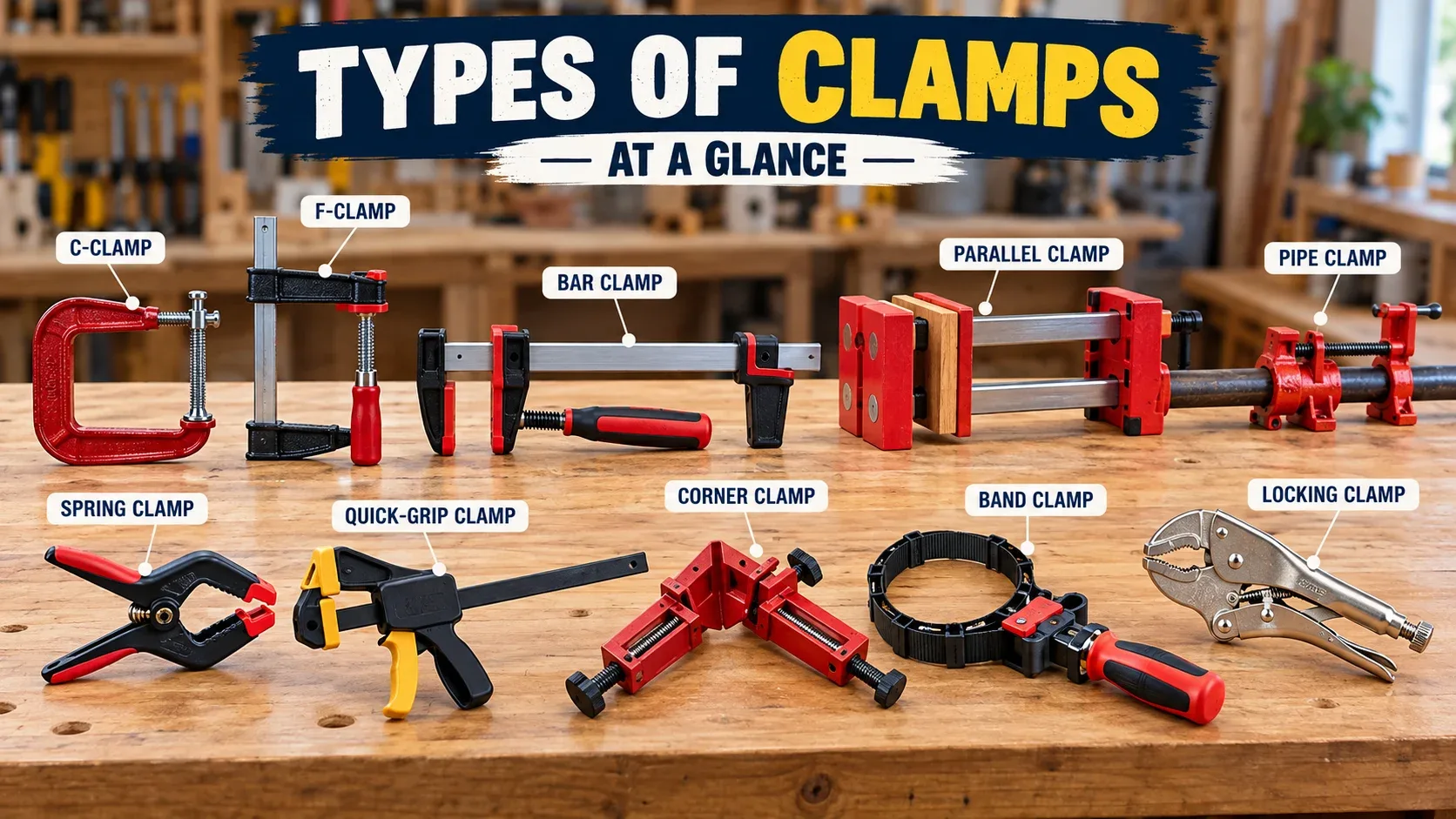 Types of clamps at a glance including C clamp F clamp bar clamp parallel clamp pipe clamp and other common clamps