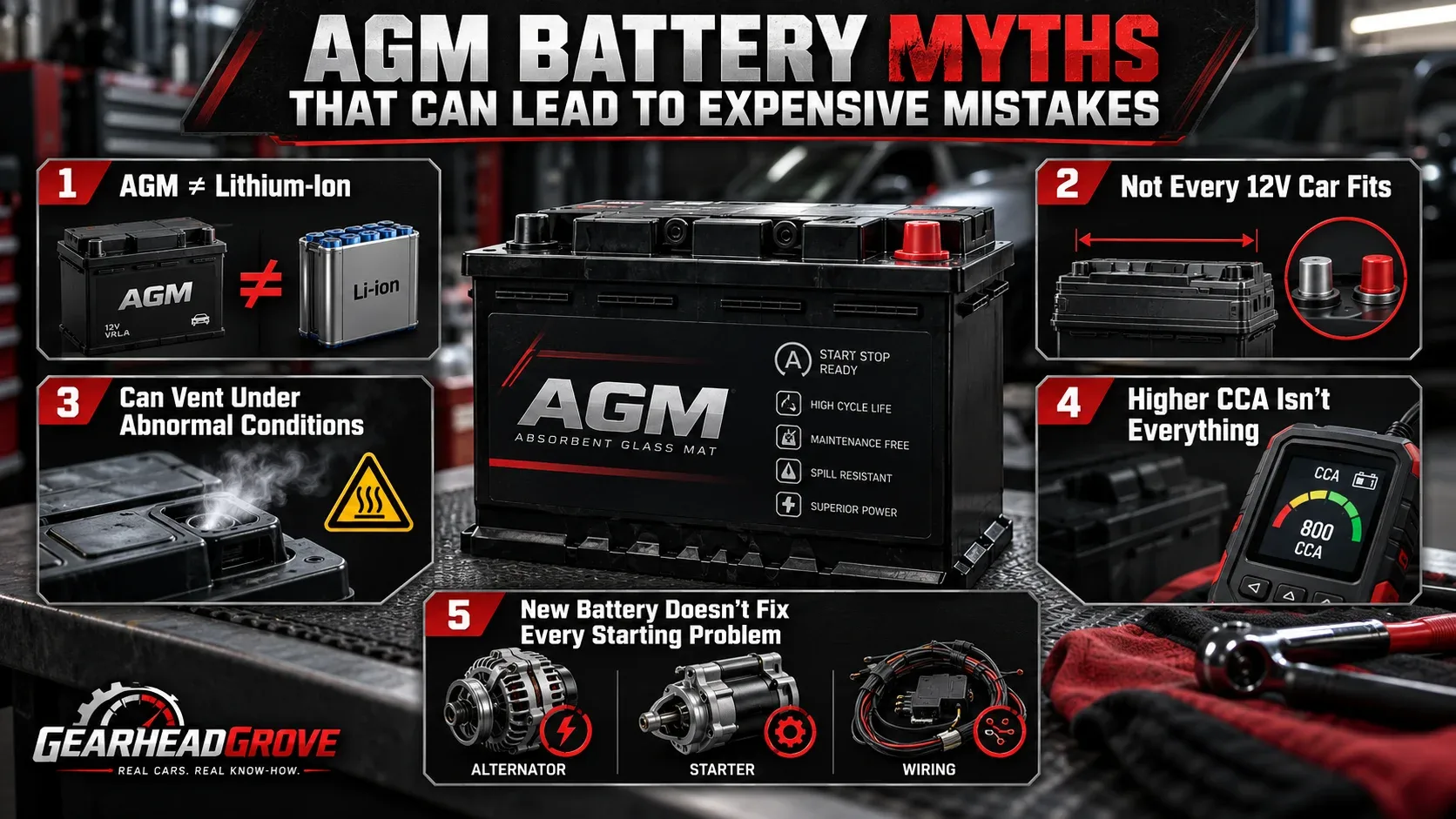 Five AGM car battery myths involving lithium-ion compatibility venting CCA ratings and starting problems