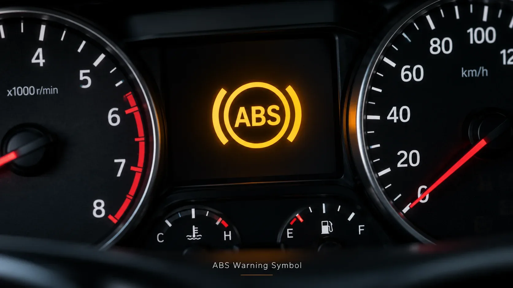 Amber anti lock ABS warning symbol illuminated on a car dashboard